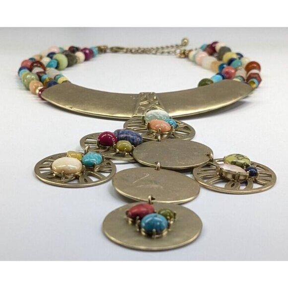 Chico's Huge Chunky Multi Strand Multi Color Stone Gold Tone Medallion Necklace - Picture 4 of 10